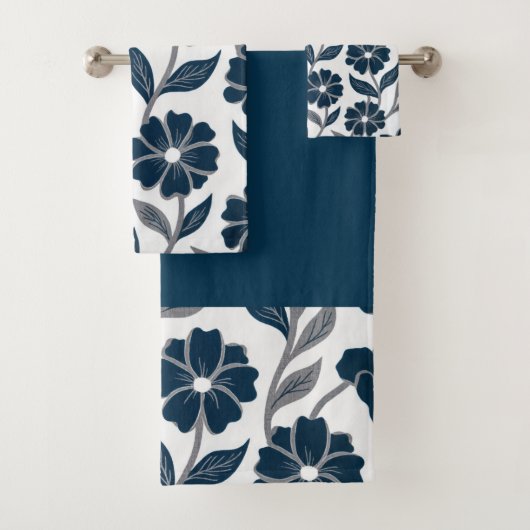 navy blue flowers modern decorative bathroom  バスタオルセット (インサイチュ)