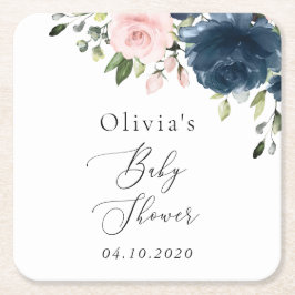 Navy Blue Flowers, Pink Flowers, Baby Shower スクエアペーパーコースター