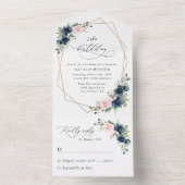 Navy Blue Flowers, Pink Flowers, Boho, Birthday オールインワン招待状 (内側)