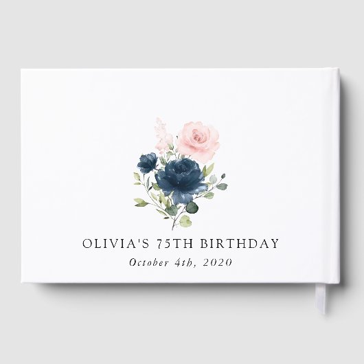 Navy Blue Flowers, Pink Flowers, Boho, Birthday ゲストブック (裏面)