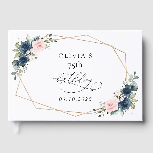 Navy Blue Flowers, Pink Flowers, Boho, Birthday ゲストブック (正面)