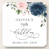 Navy Blue Flowers, Pink Flowers, Boho, Birthday コースター (正面)