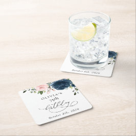 Navy Blue Flowers, Pink Flowers, Boho, Birthday スクエアペーパーコースター