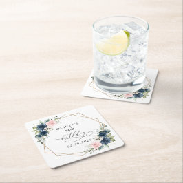 Navy Blue Flowers, Pink Flowers, Boho, Birthday スクエアペーパーコースター