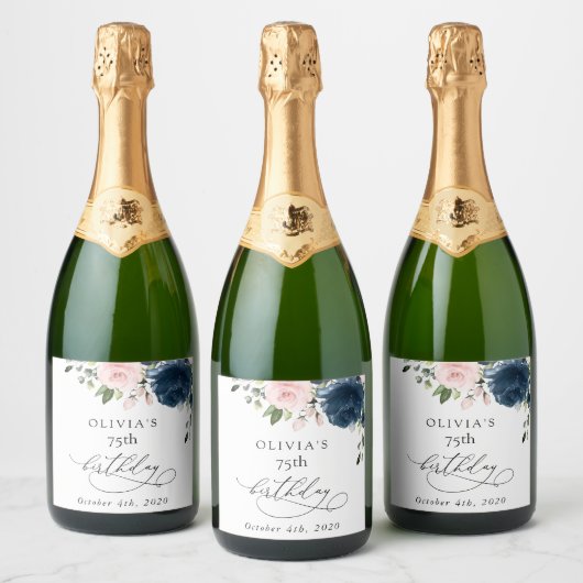 Navy Blue Flowers, Pink Flowers, Boho, Birthday スパークリングワインラベル (ボトル)