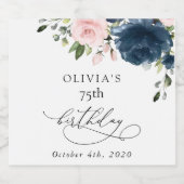 Navy Blue Flowers, Pink Flowers, Boho, Birthday スパークリングワインラベル (シングルラベル)