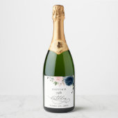 Navy Blue Flowers, Pink Flowers, Boho, Birthday スパークリングワインラベル (正面)