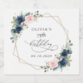 Navy Blue Flowers, Pink Flowers, Boho, Birthday スパークリングワインラベル (シングルラベル)