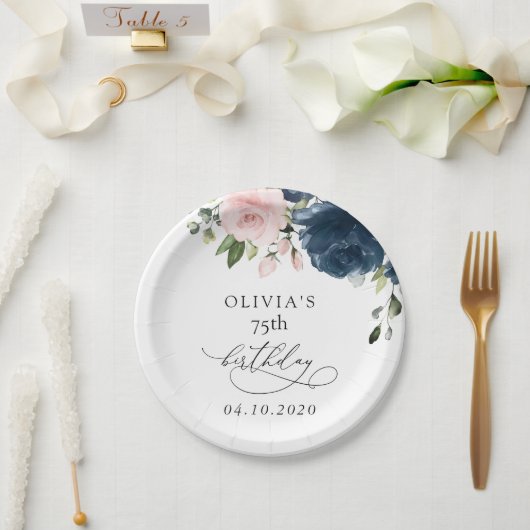 Navy Blue Flowers, Pink Flowers, Boho, Birthday ペーパープレート (ウェディング)