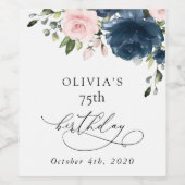 Navy Blue Flowers, Pink Flowers, Boho, Birthday ワインラベル (シングルラベル)