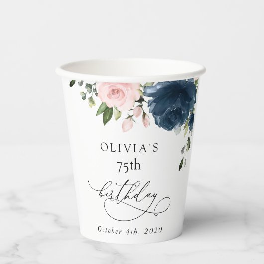 Navy Blue Flowers, Pink Flowers, Boho, Birthday 紙コップ (正面)