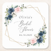 Navy Blue Flowers, Pink Flowers, Bridal Shower スクエアペーパーコースター (正面)