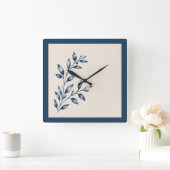 Navy Blue Foliage Minimalist Square Clock スクエア壁時計 (ホーム)