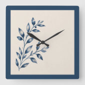 Navy Blue Foliage Minimalist Square Clock スクエア壁時計 (正面)