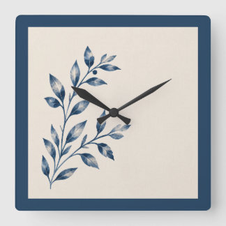 Navy Blue Foliage Minimalist Square Clock スクエア壁時計