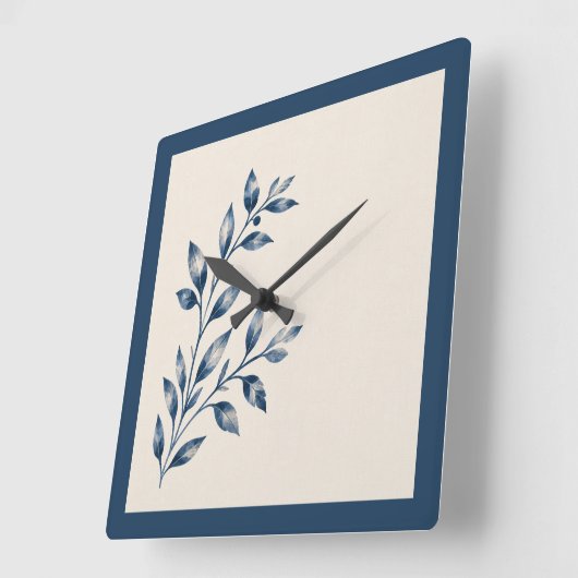 Navy Blue Foliage Minimalist Square Clock スクエア壁時計 (傾斜)