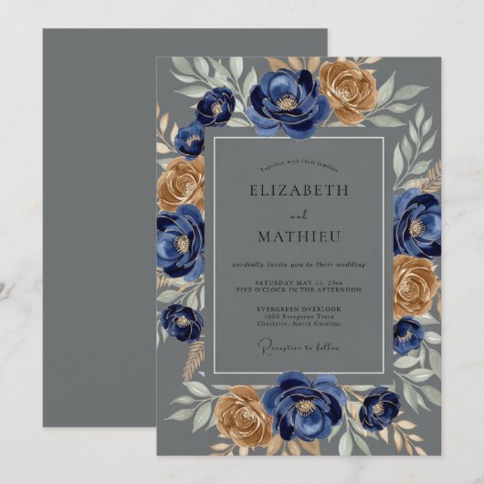 Navy Blue Formal Winter Wedding 招待状 (正面/裏面)