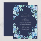 Navy Blue Frosty Botanical Wedding 招待状 (正面/裏面)