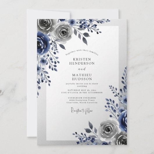 Navy Blue Frosty Winter Wedding 招待状 (正面)