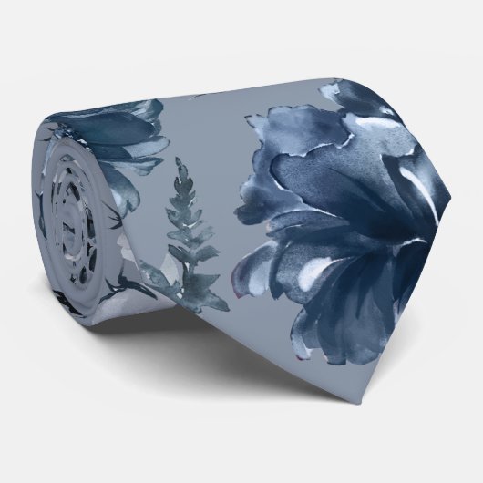 Navy Blue Garden Florals Dusty Blue Wedding  ネクタイ (ロール)
