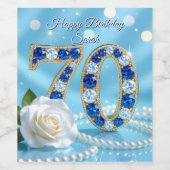 Navy Blue Gems Pearls & White Rose 70th Birthday ワインラベル (シングルラベル)