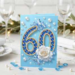 Navy Blue Gems White Rose and Pearls 60th Birthday カード