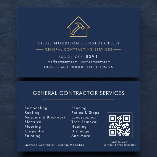 Navy Blue General Contractor QR Code 名刺