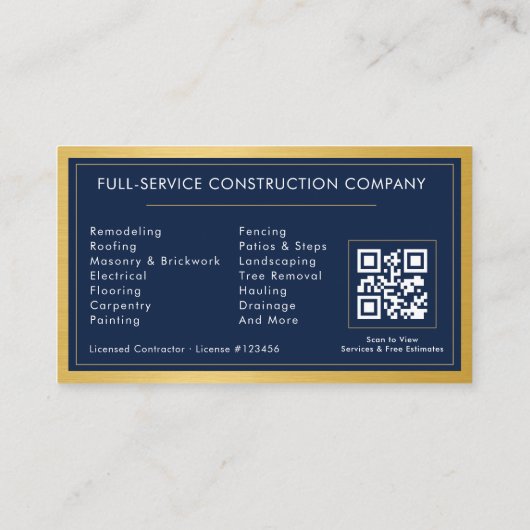 Navy Blue General Contractor QR Code Gold Metallic 名刺 (裏面)
