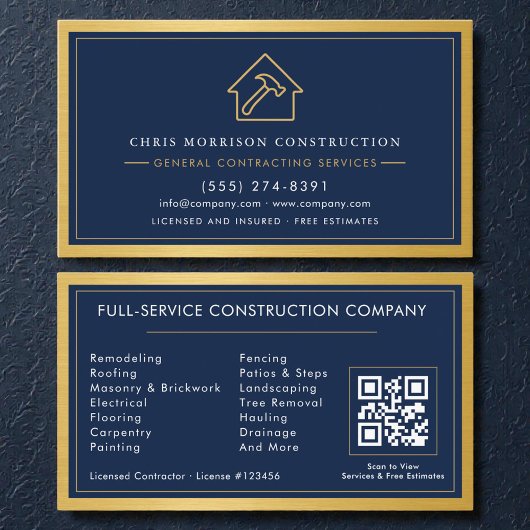Navy Blue General Contractor QR Code Gold Metallic 名刺