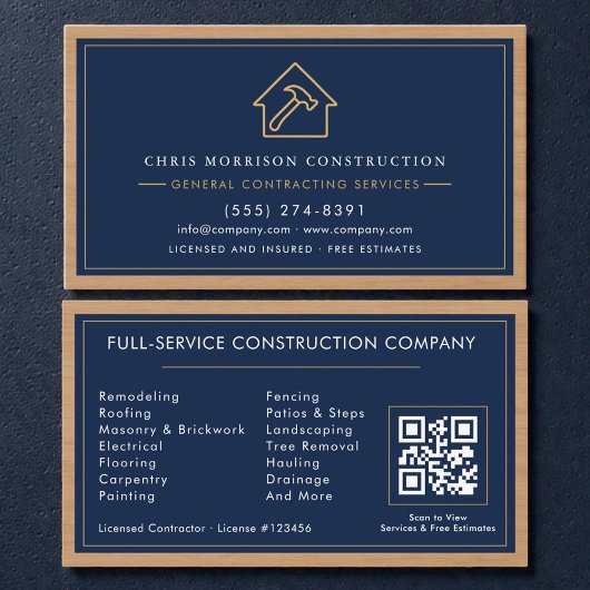 Navy Blue General Contractor QR Code Wood  名刺