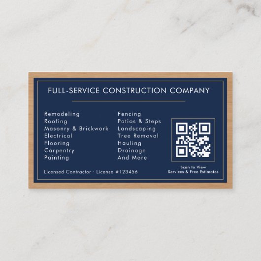 Navy Blue General Contractor QR Code Wood  名刺 (裏面)