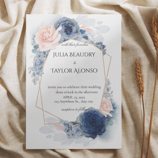 Navy Blue Geometric Floral Wedding Invitation 招待状