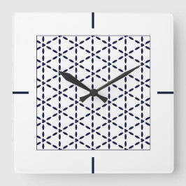 Navy Blue Geometric Pattern on White スクエア壁時計