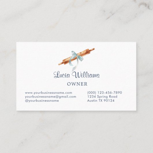 Navy Blue Gingham Coquette Bow Utensils Bakery 名刺 (裏面)