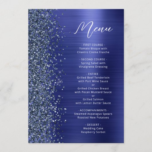 Navy Blue Glam Glitter Script Wedding メニュー (正面)