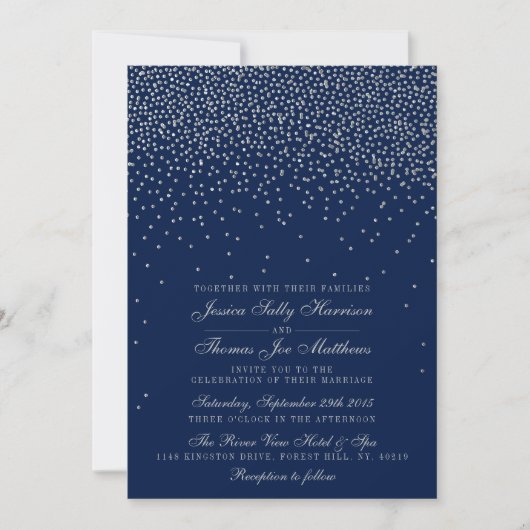 Navy Blue & Glam Silver Confetti Wedding 招待状 (正面)