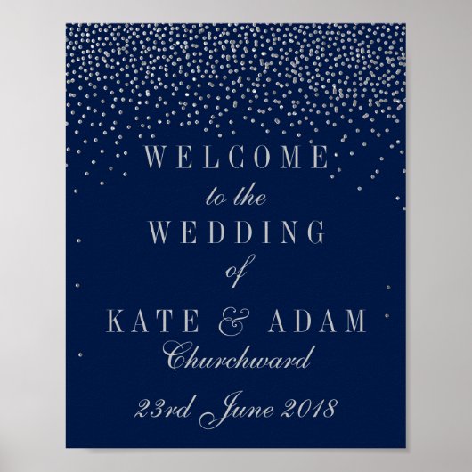 Navy Blue & Glam Silver Confetti Wedding Welcome ポスター (正面)