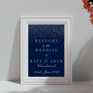 Navy Blue & Glam Silver Confetti Wedding Welcome ポスター