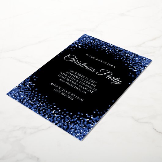 Navy Blue Glitter Border Black Christmas Party 箔招待状 (回転した状態)