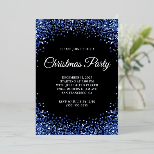 Navy Blue Glitter Border Black Christmas Party 箔招待状 (立ち正面)