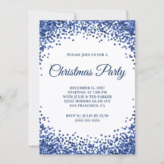 Navy Blue Glitter Border White Christmas Party 招待状 (正面)
