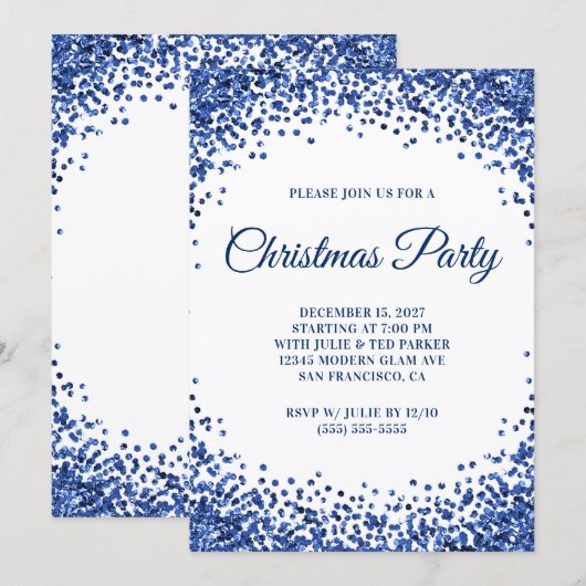 Navy Blue Glitter Border White Christmas Party 招待状 (正面/裏面)