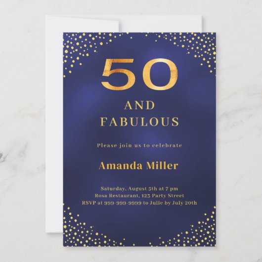 Navy blue gold 50th fabulous birthday invitation 招待状 (正面)