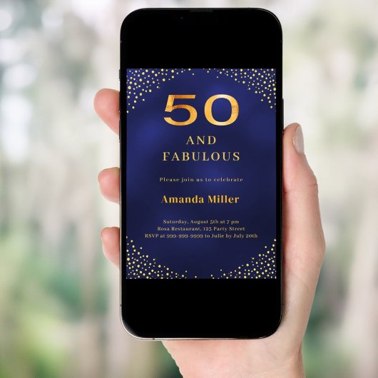 Navy blue gold 50th fabulous birthday invitation 招待状