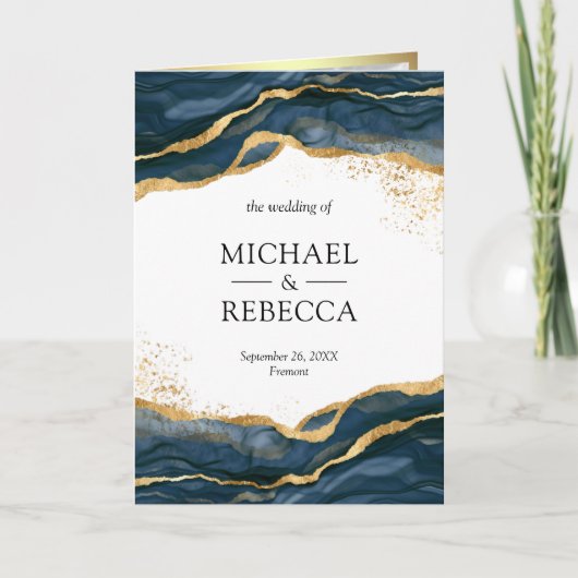 Navy Blue Gold Abstract Ink QR Code Wedding 招待状 (正面)