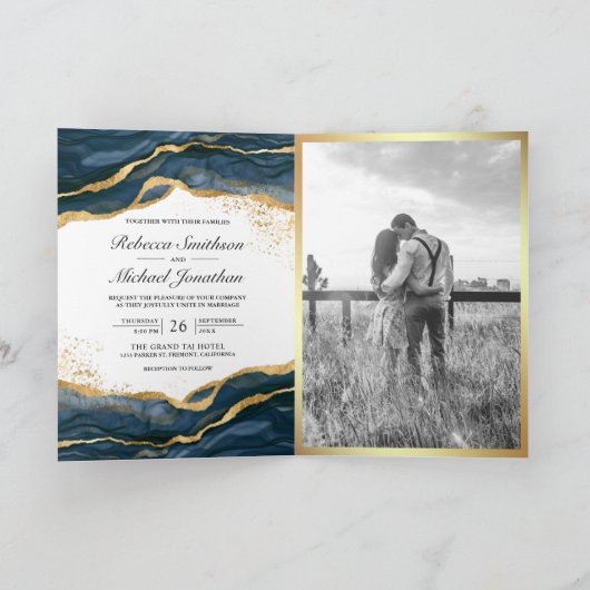 Navy Blue Gold Abstract Ink QR Code Wedding 招待状 (内部)