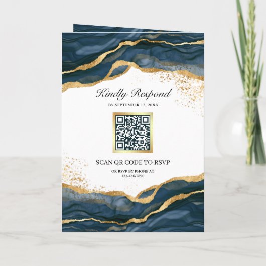 Navy Blue Gold Abstract Ink QR Code Wedding 招待状 (裏面)