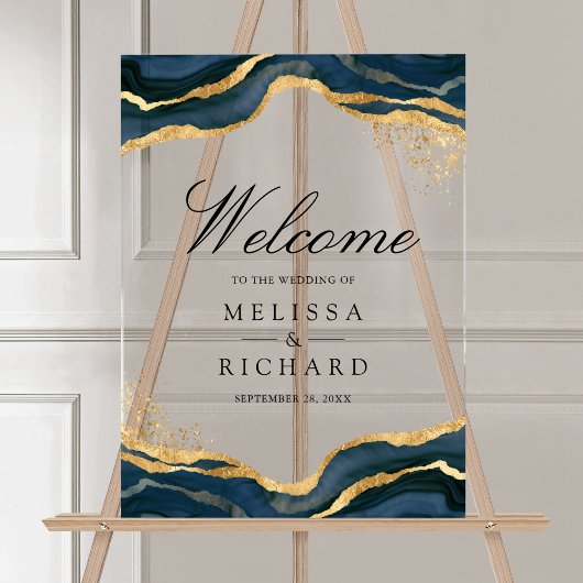 Navy Blue Gold Abstract Ink Wedding Welcome アクリルサイン