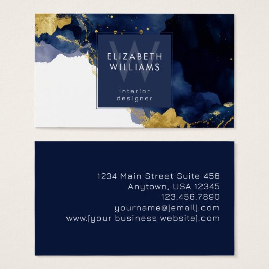 Navy Blue Gold Abstract Monogram Business Card (正面&裏面)