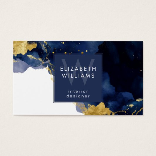 Navy Blue Gold Abstract Monogram Business Card (正面)